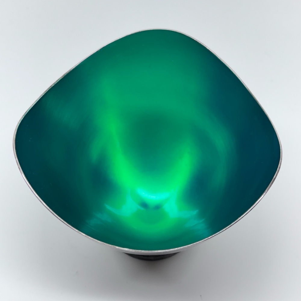 MCM Danish Enamel Silverplated Decorative Wave Bowl Green, Carl Christiansen 4”